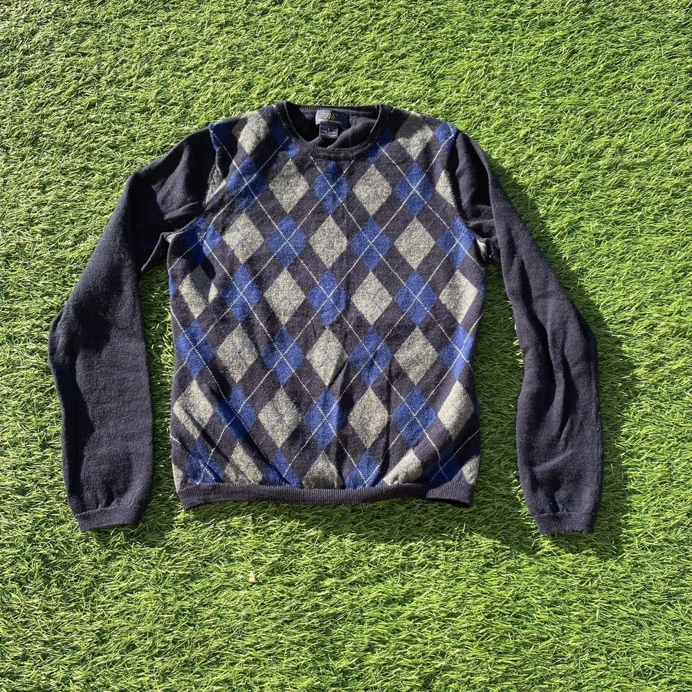 Brooks Brothers Sweater Youth Small Blue Gray Argyle‎ 346 Merino Wool Knit flaws